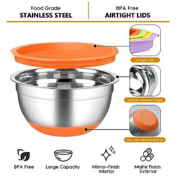 CHAREADA Mixing Bowls with Airtight Lids, 18pcs Stainless Steel Nesting Colorful Mixing Bowls Set Non-slip Silicone Bottom, Size 7, 5.5, 4, 3.5, 2.5, 2, 1.5 qt, Fit for Mixing & Serving