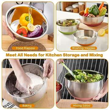 CHAREADA Mixing Bowls with Airtight Lids, 18pcs Stainless Steel Nesting Colorful Mixing Bowls Set Non-slip Silicone Bottom, Size 7, 5.5, 4, 3.5, 2.5, 2, 1.5 qt, Fit for Mixing & Serving