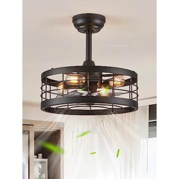 LEDIARY 16.5 Inch Black Caged Ceiling Fan With Light - Remote Control, Industrial Design, Ideal for ...