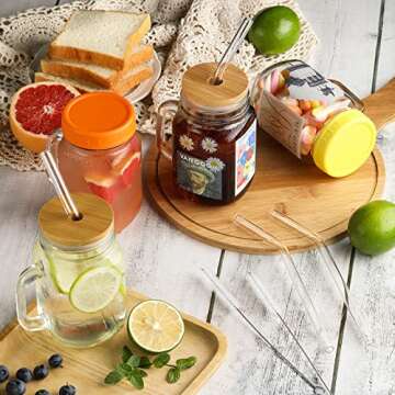 Mason Jars with Handle, Glass Mugs with Straws and Bamboo Lids & Colorful Airtight Lids 4pcs Set, 16oz Drinking Glass Cups, Travel Tumbler for Iced Coffee, Smoothie, Overnight Oats Containers