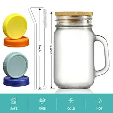 Mason Jars with Handle, Glass Mugs with Straws and Bamboo Lids & Colorful Airtight Lids 4pcs Set, 16oz Drinking Glass Cups, Travel Tumbler for Iced Coffee, Smoothie, Overnight Oats Containers