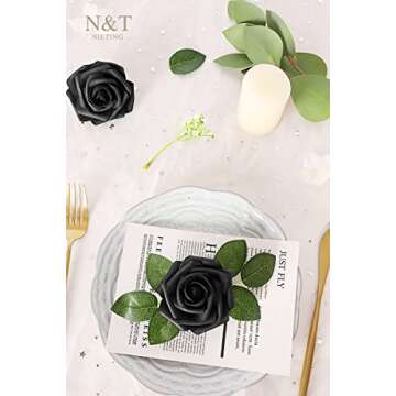 N&T NIETING Artificial Flowers Black Rose 50pcs Real Touch Flowers Perfect for for DIY Bouquets Wedding Party Baby Shower Home Decoration