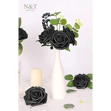 N&T NIETING Artificial Flowers Black Rose 50pcs Real Touch Flowers Perfect for for DIY Bouquets Wedding Party Baby Shower Home Decoration