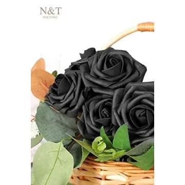 N&T NIETING Artificial Flowers Black Rose 50pcs Real Touch Flowers Perfect for for DIY Bouquets Wedding Party Baby Shower Home Decoration