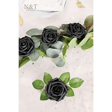 N&T NIETING Artificial Flowers Black Rose 50pcs Real Touch Flowers Perfect for for DIY Bouquets Wedding Party Baby Shower Home Decoration