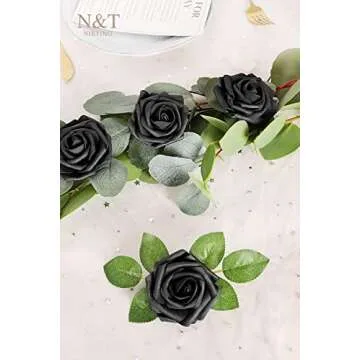 N&T NIETING Artificial Flowers Black Rose 50pcs Real Touch Flowers Perfect for for DIY Bouquets Wedding Party Baby Shower Home Decoration