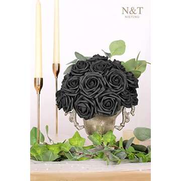 N&T NIETING Artificial Flowers Black Rose 50pcs Real Touch Flowers Perfect for for DIY Bouquets Wedding Party Baby Shower Home Decoration