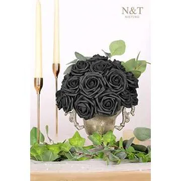 N&T NIETING Artificial Flowers Black Rose 50pcs Real Touch Flowers Perfect for for DIY Bouquets Wedding Party Baby Shower Home Decoration