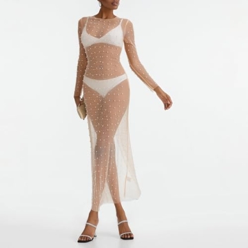 Women's Sexy Sheer Mesh Pearl Rhinestone Cover Up