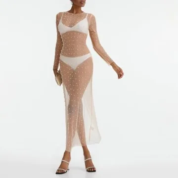 Women's Sexy Sheer Mesh Pearl Rhinestone Cover Up