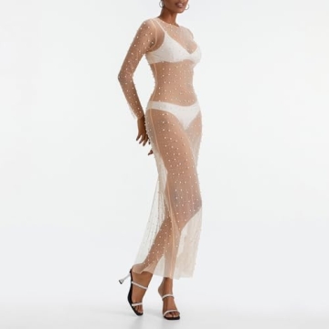 Women's Sexy Sheer Mesh Pearl Rhinestone Cover Up