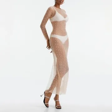 Women's Sexy Sheer Mesh Pearl Rhinestone Cover Up