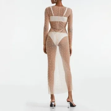 Women's Sexy Sheer Mesh Pearl Rhinestone Cover Up