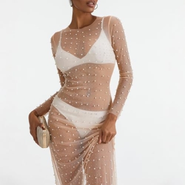 Women's Sexy Sheer Mesh Pearl Rhinestone Cover Up