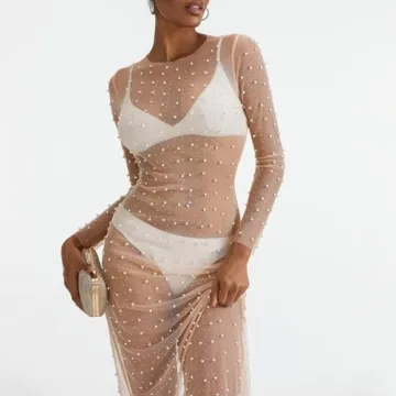 Women's Sexy Sheer Mesh Pearl Rhinestone Cover Up