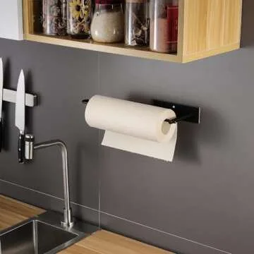 SUNTECH Paper Towel Holder Under Kitchen Cabinet - Self Adhesive Matte Black Towel Paper Holder Stick on Wall, SUS304 Stainless Steel