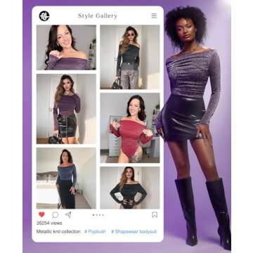 Popilush Sparkly Tops for Women - Long Sleeve Bodysuit Off The Shoulder Tops Tummy Control Shapewear...