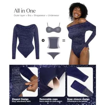 Popilush Sparkly Tops for Women - Long Sleeve Bodysuit Off The Shoulder Tops Tummy Control Shapewear Thong Going Out Tops