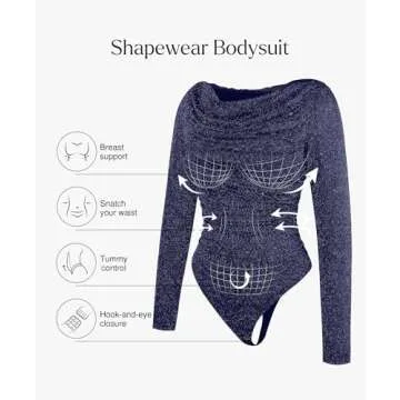 Popilush Sparkly Tops for Women - Long Sleeve Bodysuit Off The Shoulder Tops Tummy Control Shapewear Thong Going Out Tops