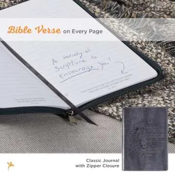 Classic Faux Leather Journal Be Strong and Courageous Lion Joshua 1:9 Bible Verse Gray Inspirational Notebook, Lined Pages w/Scripture, Ribbon Marker, Zipper Closure