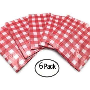 Oojami Pack of 6 Plastic Red and White Checkered Tablecloths - 6 Pack - Picnic Table Covers