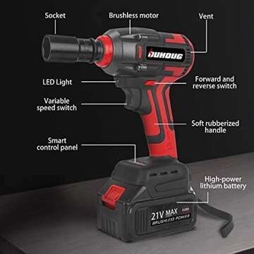 OUHOUG Cordless Impact Wrench, 1/2 Chuck Impact Driver/Drill/Screws with 3200RPM Variable Speed, Torque 300 ft-lbs,21V Lithium-Ion 4.0AH Battery Pack and Replacement battery