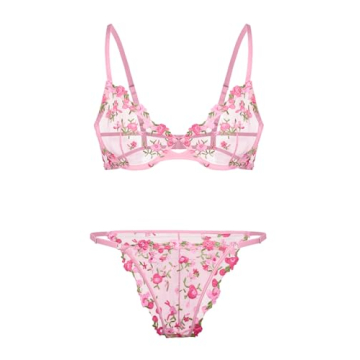 Lilosy Floral Embroidered Mesh Sheer Bra and Panty Lingerie Set