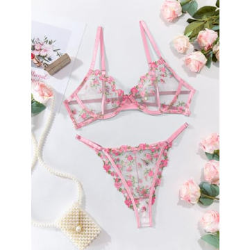 Lilosy Floral Embroidered Sheer Lingerie Set for Women