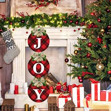 Buffalo Plaid Christmas Wreaths for Front Door - 3pcs Rustic Christmas Decor Joy Signs Wreaths for D...