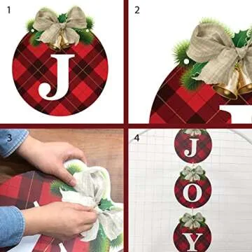 Buffalo Plaid Christmas Wreaths - 3pcs Joy Signs for Holiday Decor