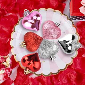 Valentines Day Decor 24 Pieces Heart Shaped Ornaments,Glossy and Glitter Hanging Heart Baubles Valentines Day Decorations for Home Valentine Tree Wedding Anniversary Party(Red,Pink,Sliver)