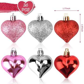 Valentines Day Decor 24 Pieces Heart Shaped Ornaments,Glossy and Glitter Hanging Heart Baubles Valentines Day Decorations for Home Valentine Tree Wedding Anniversary Party(Red,Pink,Sliver)