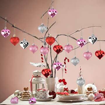 Valentines Day Decor 24 Pieces Heart Shaped Ornaments,Glossy and Glitter Hanging Heart Baubles Valentines Day Decorations for Home Valentine Tree Wedding Anniversary Party(Red,Pink,Sliver)