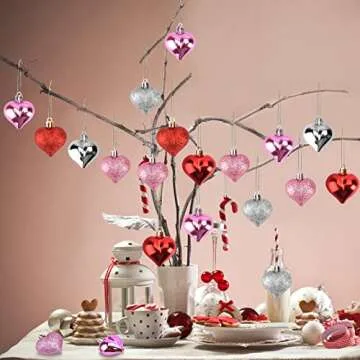 Valentines Day Decor 24 Pieces Heart Shaped Ornaments,Glossy and Glitter Hanging Heart Baubles Valentines Day Decorations for Home Valentine Tree Wedding Anniversary Party(Red,Pink,Sliver)