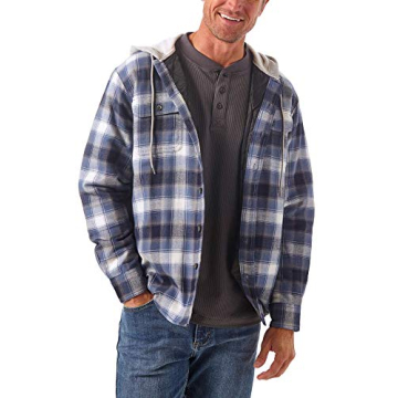 Wrangler Authentics Mens Quilted Flannel Shirt Jacket with Hood, Blue/Black