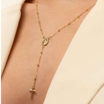 QUADRI - 18K Gold Over Sterling Silver Rosary Virgin Mary Necklace - Premium Cross Chain Rosary Necklace Gold - Beautiful Cross Necklace with Beads Chain for Women and Men 19" 925 Italian Silver