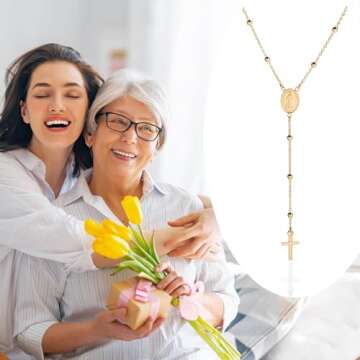 QUADRI - 18K Gold Over Sterling Silver Rosary Virgin Mary Necklace - Premium Cross Chain Rosary Necklace Gold - Beautiful Cross Necklace with Beads Chain for Women and Men 19" 925 Italian Silver