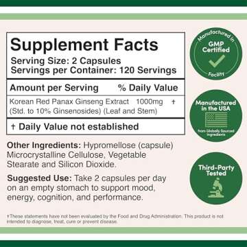 Ginseng Capsules (Korean Red Ginseng Extract, Panax Ginseng 10% Ginsenosides) (4 Month Supply) 240 V...