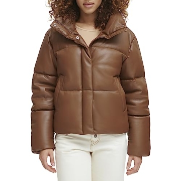 Levi's Women's Vegan Leather Quilted Short Puffer Jacket, Caramel