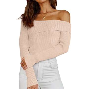LILLUSORY Womens Off The Shoulder Going Out Sweaters Fall Sexy Cute Trendy Long Sleeve Knit Pullover Sweaters Tops 2024 Apricot M