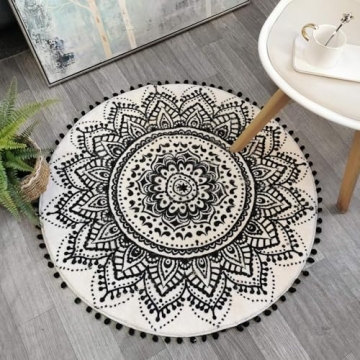 Uphome Boho Round Rug for Bedroom 3' Circle Beige and Black Bathroom Rug with Pom Poms Fringe Washab...