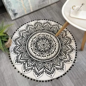 Uphome Boho Round Rug for Bedroom 3' Circle Beige and Black Bathroom Rug with Pom Poms Fringe Washab...