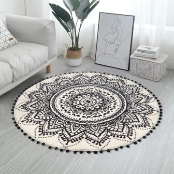 Uphome Soft Boho Round Rug Washable with Pom Poms 3'