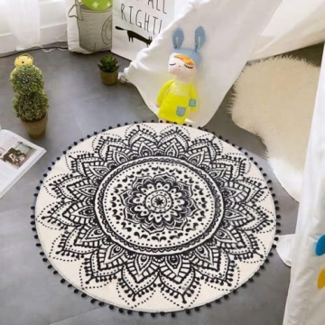 Uphome Soft Boho Round Rug Washable with Pom Poms 3'