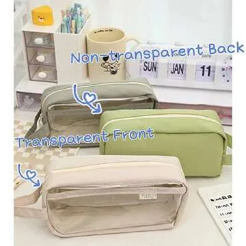 Clear Pencil Pouch Aesthetic School Supplies Large Cute Pencil Case for Girls Preppy Pencil Case Aesthetic (Beige,with Clip & Sticky Note)