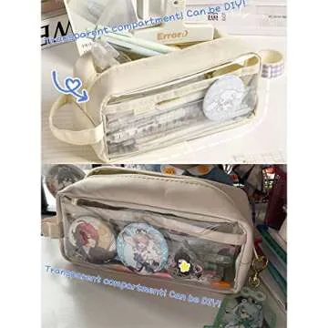 Clear Pencil Pouch Aesthetic School Supplies Large Cute Pencil Case for Girls Preppy Pencil Case Aesthetic (Beige,with Clip & Sticky Note)