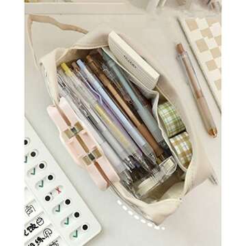 Clear Pencil Pouch Aesthetic School Supplies Large Cute Pencil Case for Girls Preppy Pencil Case Aesthetic (Beige,with Clip & Sticky Note)