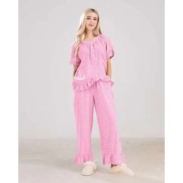 codcm Womens Gingham Pajama Set 2 Piece Short Sleeve Babydoll Shirt and Pants Lounge Set Cute Sleepw...