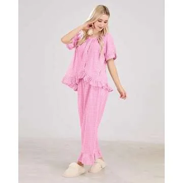 codcm Womens Gingham Pajama Set 2 Piece Short Sleeve Babydoll Shirt and Pants Lounge Set Cute Sleepwear(Pink,Large)
