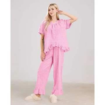 codcm Womens Gingham Pajama Set 2 Piece Short Sleeve Babydoll Shirt and Pants Lounge Set Cute Sleepwear(Pink,Large)
